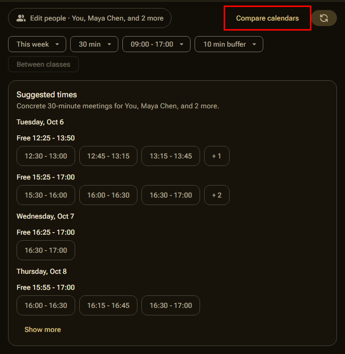 The Compare calendars button in the Friends tab