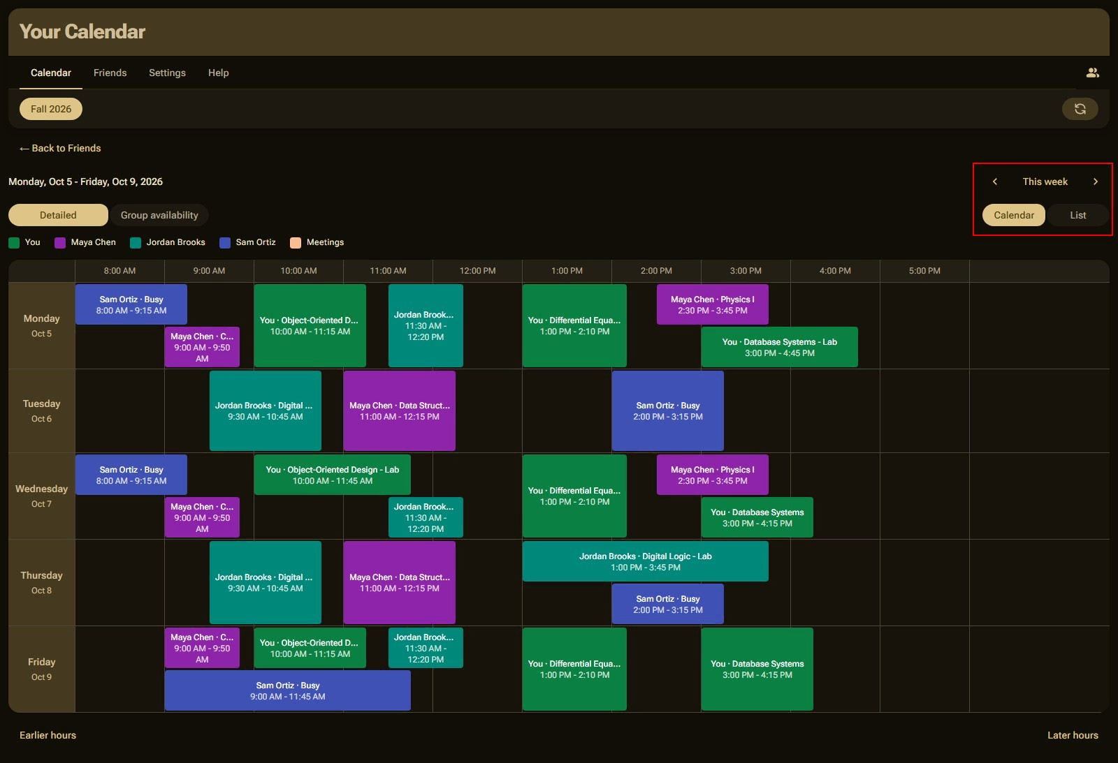 Compare calendars, showing the week for three people side by side in a new tab, in detailed view