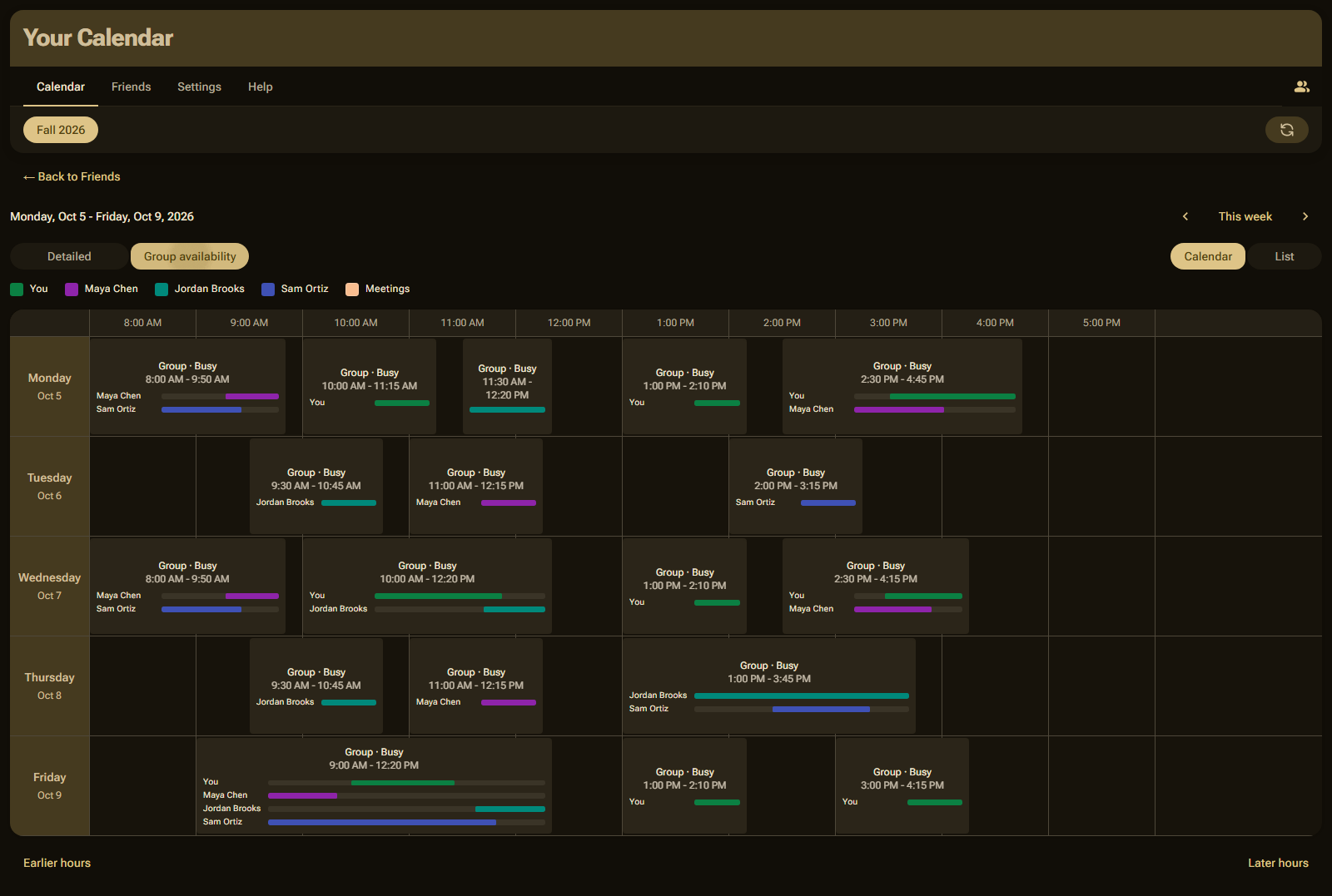 Compare calendars, showing the week for three people side by side in a new tab, in list view