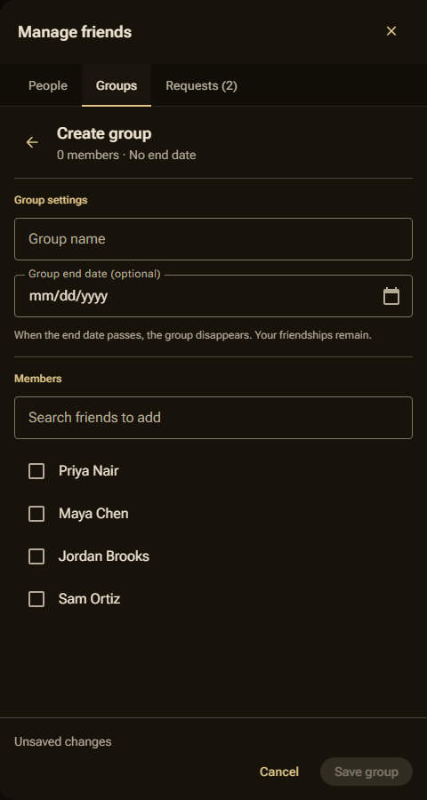 Creating a private group in Manage friends
