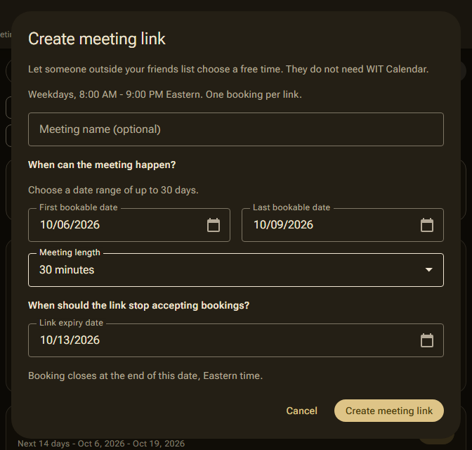 Creating a one-time meeting link, with the dates, length, and expiry fields