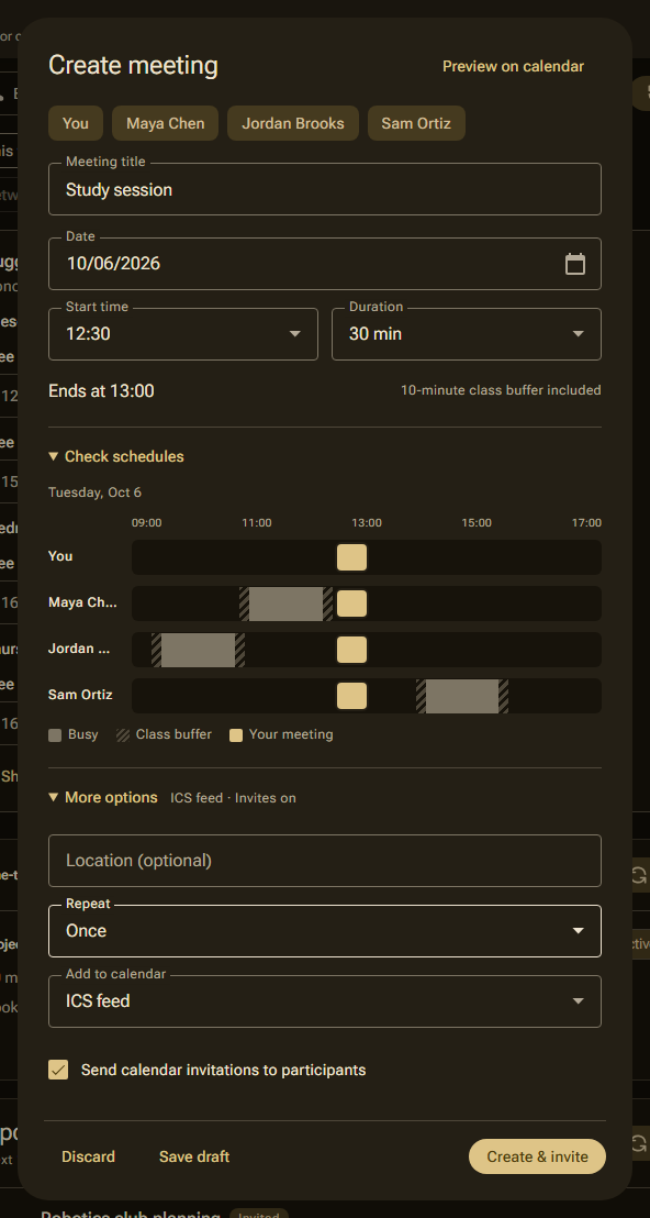 The Create meeting form, with the title, time, repeat, and calendar fields