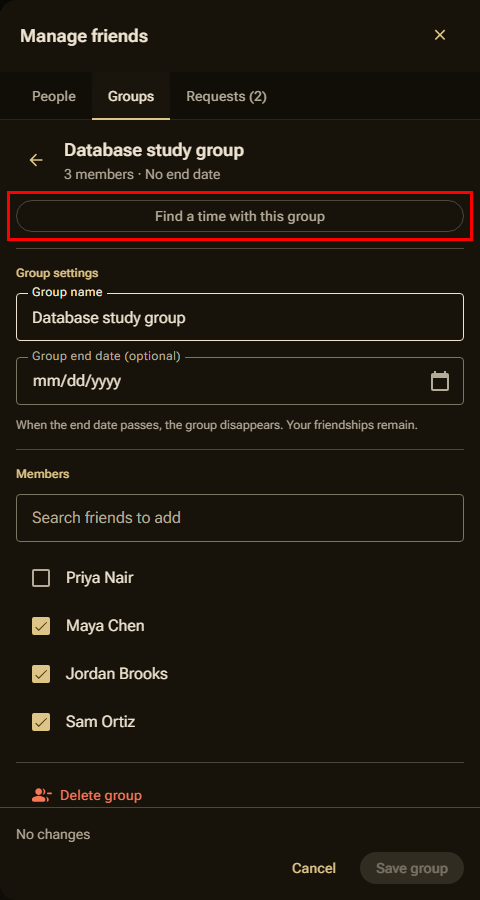 The Edit details section of a group, with the end date and the move later button