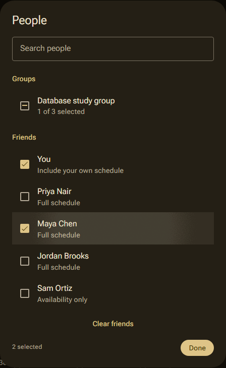 The Edit people section in the Friends tab, with the people to compare with