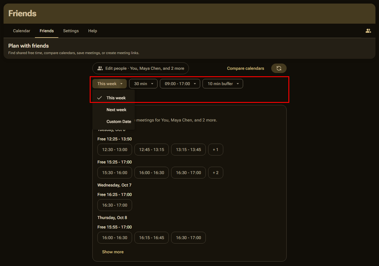Suggested times for a group, with the date, length, hours, and buffer filters