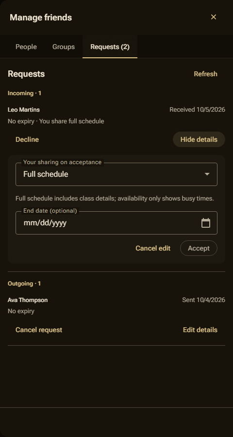 The Edit details section of a friend request, with the sharing and end date options