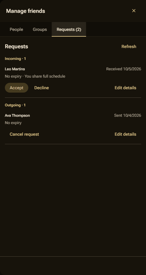 A friend request under Requests, with its sharing and end date details open