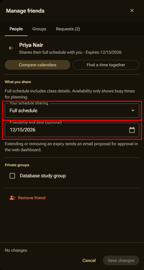 A friend's settings in Manage friends, with Your schedule sharing and the end date