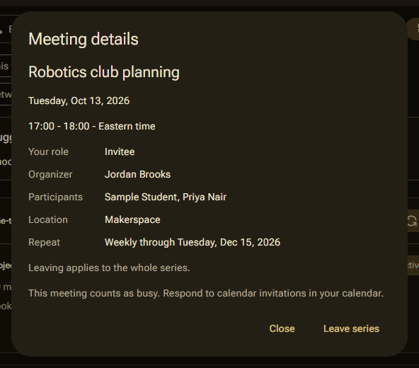 The details of a saved meeting, with the participants and the edit and delete buttons