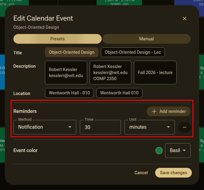 The Edit Calendar Event window, with the reminders highlighted