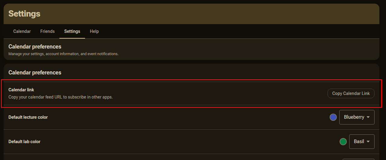 The calendar link and its copy button in the extension