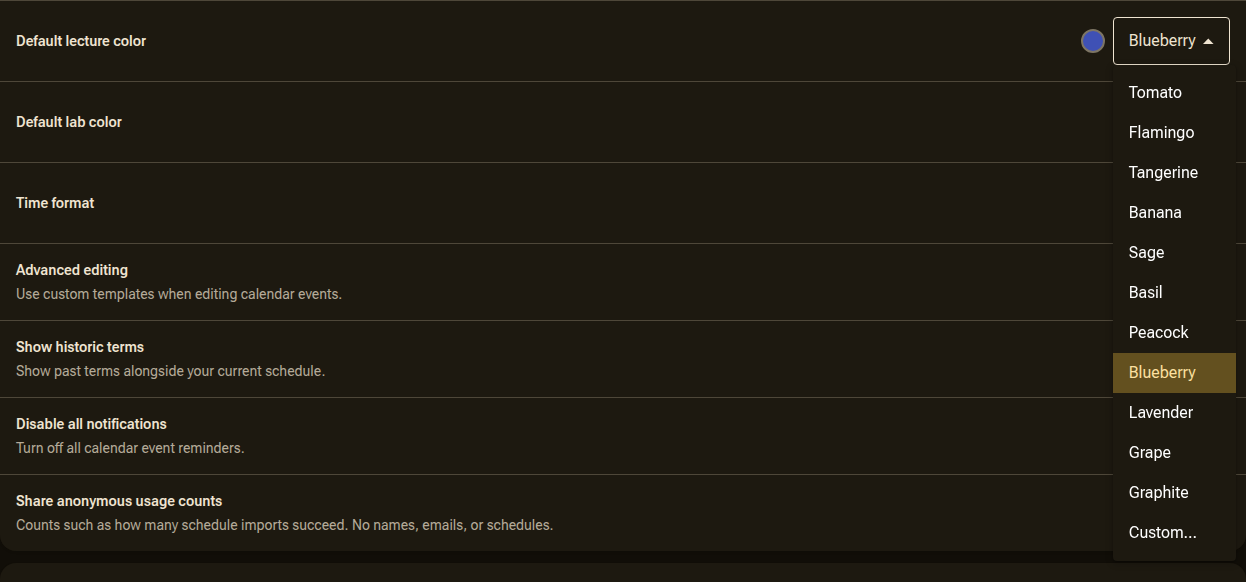 The extension's settings, with the color list open for the default lecture color