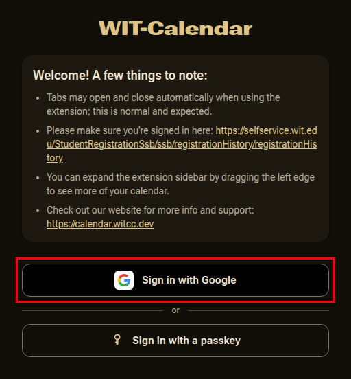 The extension's welcome screen, with the Sign in with Google button highlighted