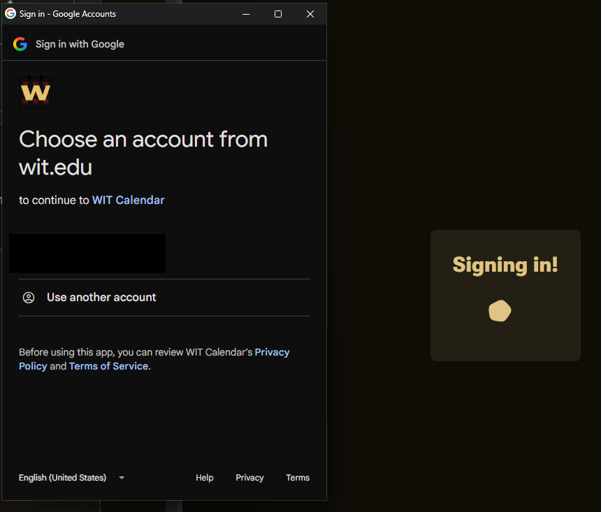 Google's window for choosing a wit.edu account, next to the extension's Signing in screen
