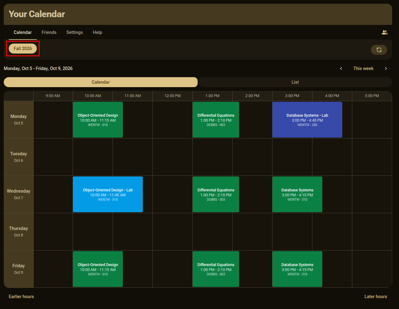 The extension showing a processed schedule for one term
