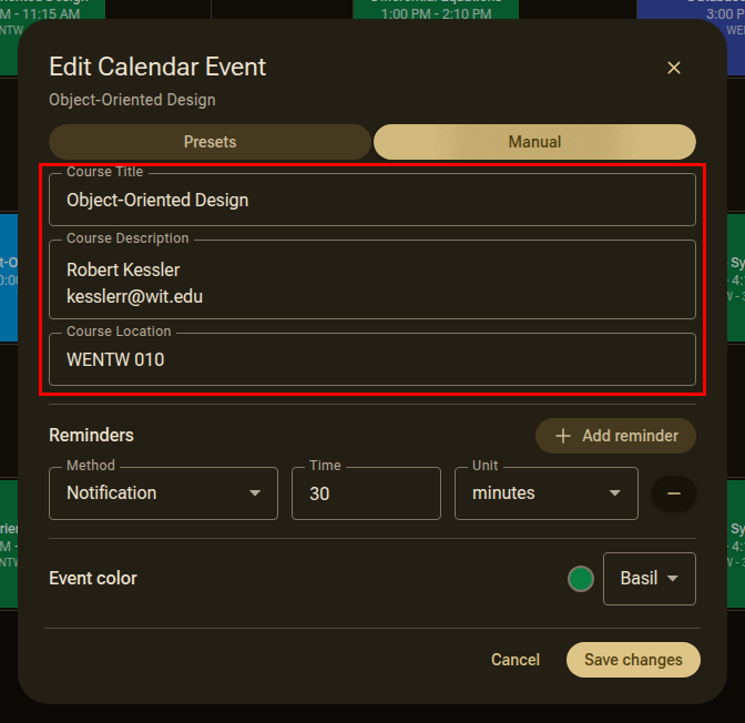 The Edit Calendar Event window, with the course title, description, and location fields highlighted