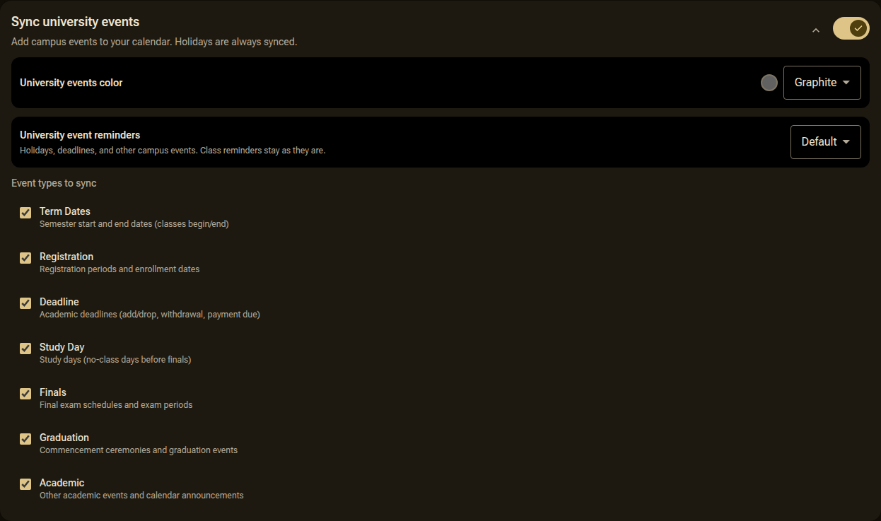 The university events settings: the sync switch, the color, the reminders, and the event types to sync